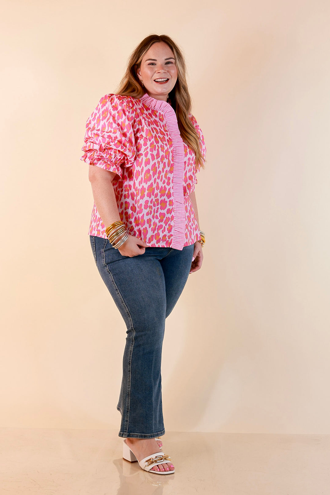 Catch the Compliments Puff Sleeve Ruffle Trim Leopard Print Statement Top in Pink and Orange