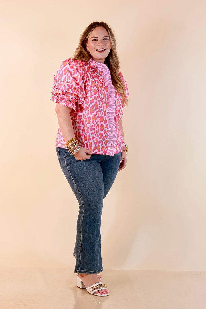 Catch the Compliments Puff Sleeve Ruffle Trim Leopard Print Statement Top in Pink and Orange