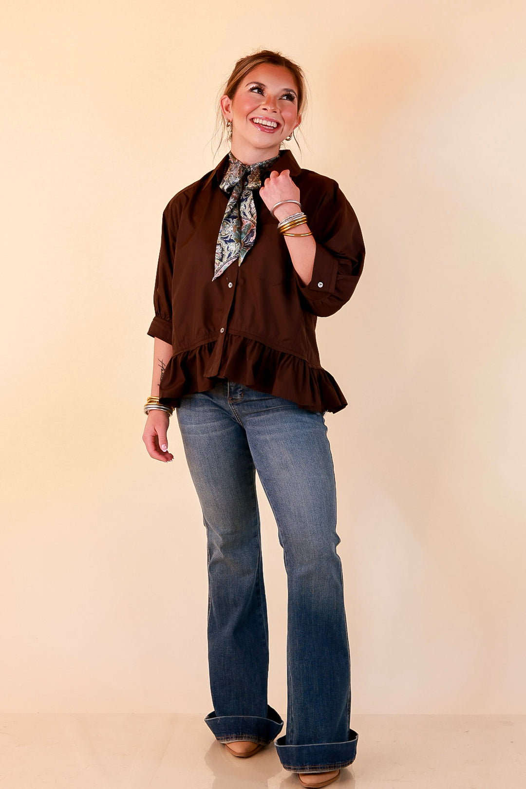 Style Agenda Solid Button Down Peplum Top in Deep Chocolate Brown