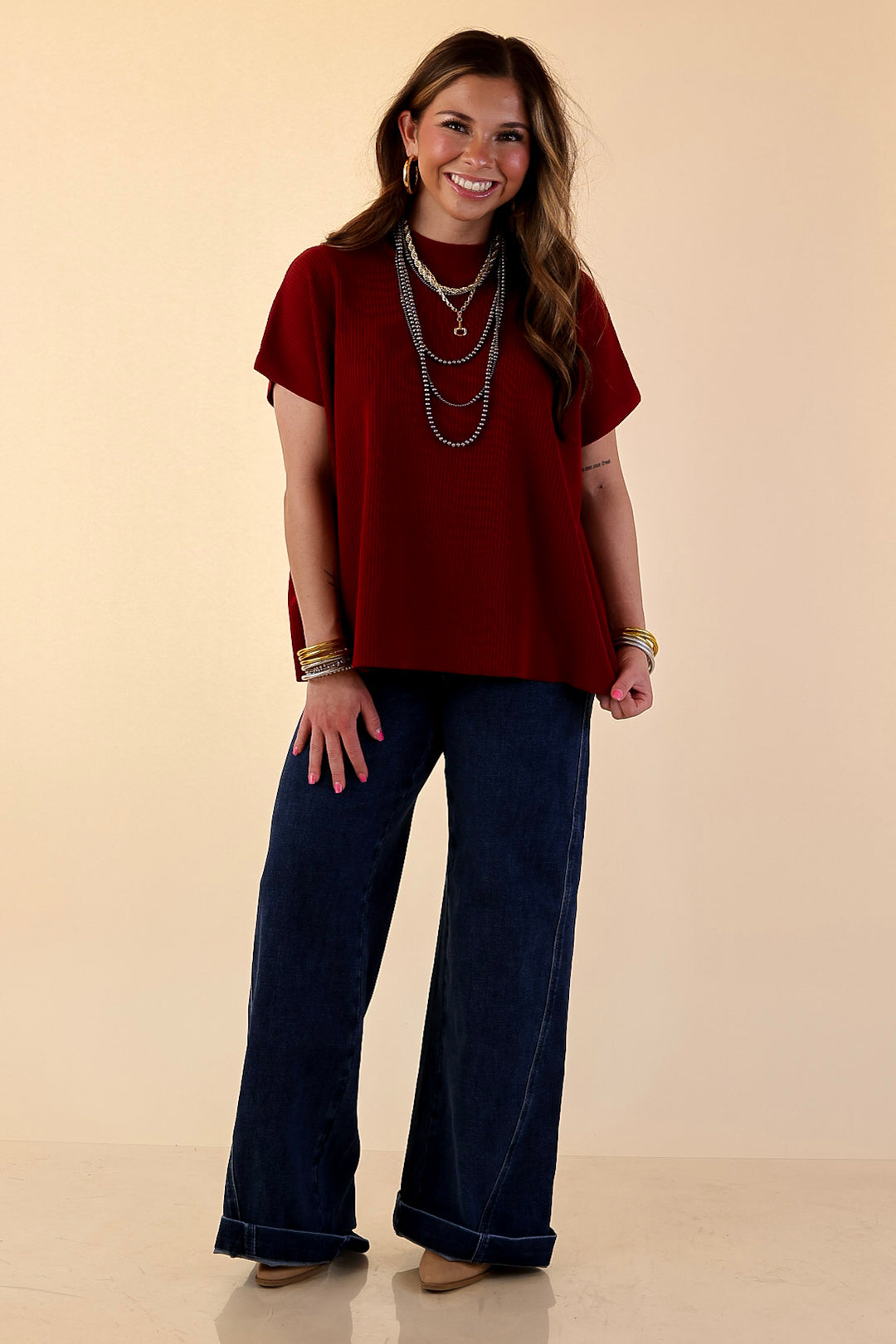 Always in Style Short Sleeve Mock Neck Top in Maroon