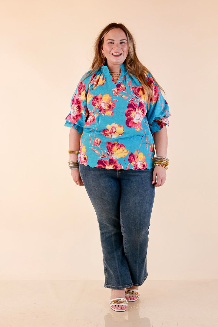 Petal Perfect Floral Print Textured Puff Sleeve Top with Ruffle Split Neckline in Aqua Mix