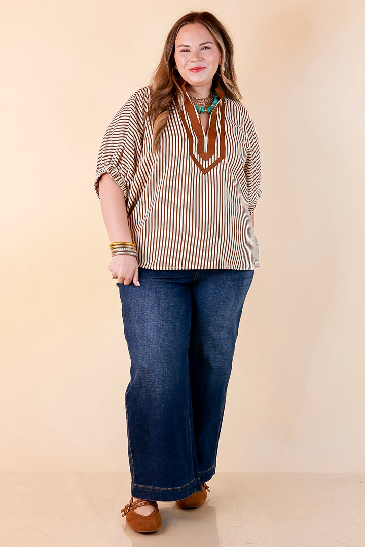 Naturally Stylish Stripe Top with Contrast Stripe Trim and Short Dolman Sleeves in Camel Brown