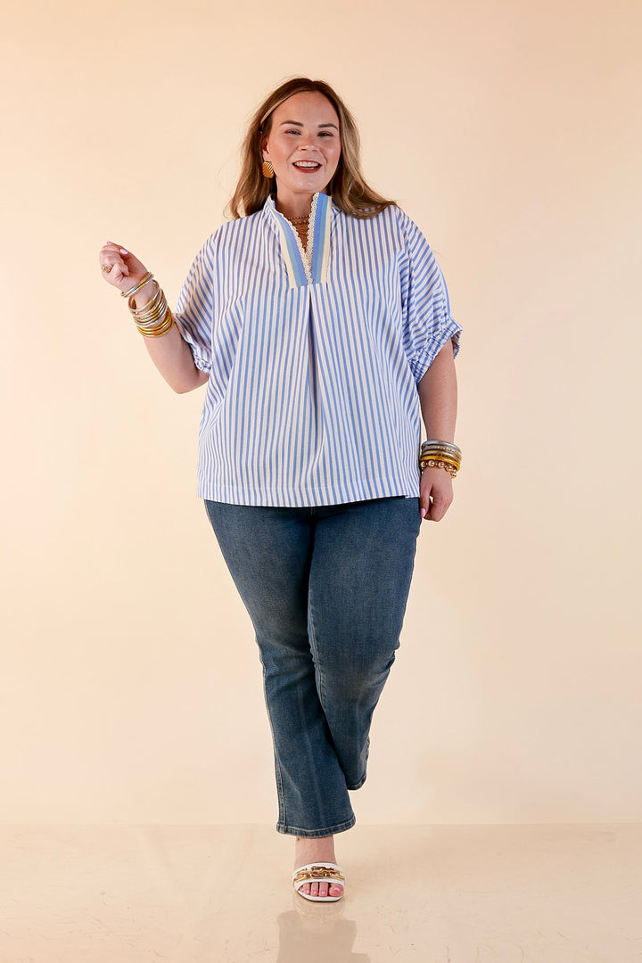 Naturally Stylish Striped Poncho Top with Lace Trim Details and Dolman Sleeves in Baby Blue