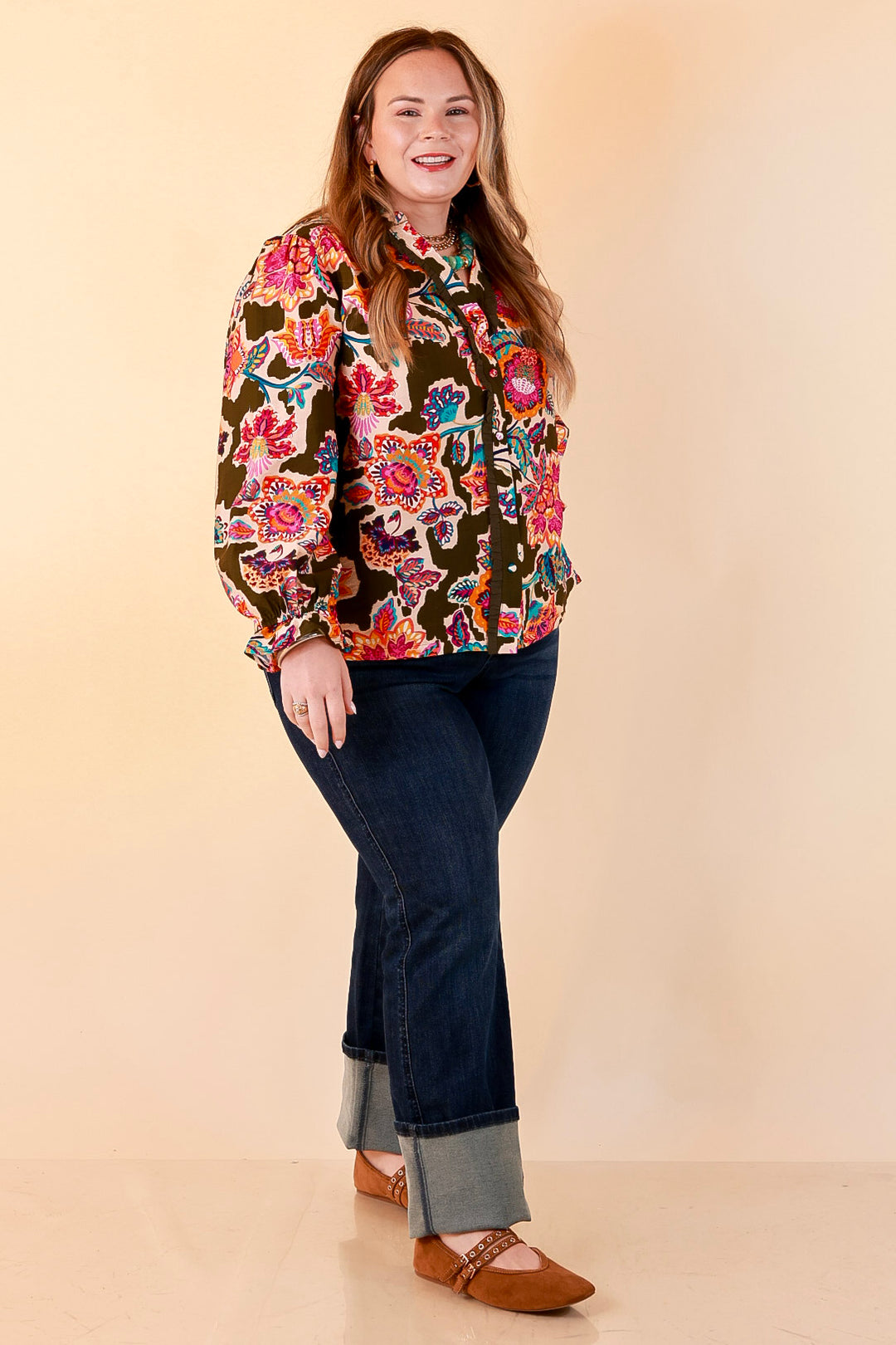 Petal Pop Floral Print Ruffle Front Button Up Long Sleeve Top with Balloon Sleeves in Olive Green