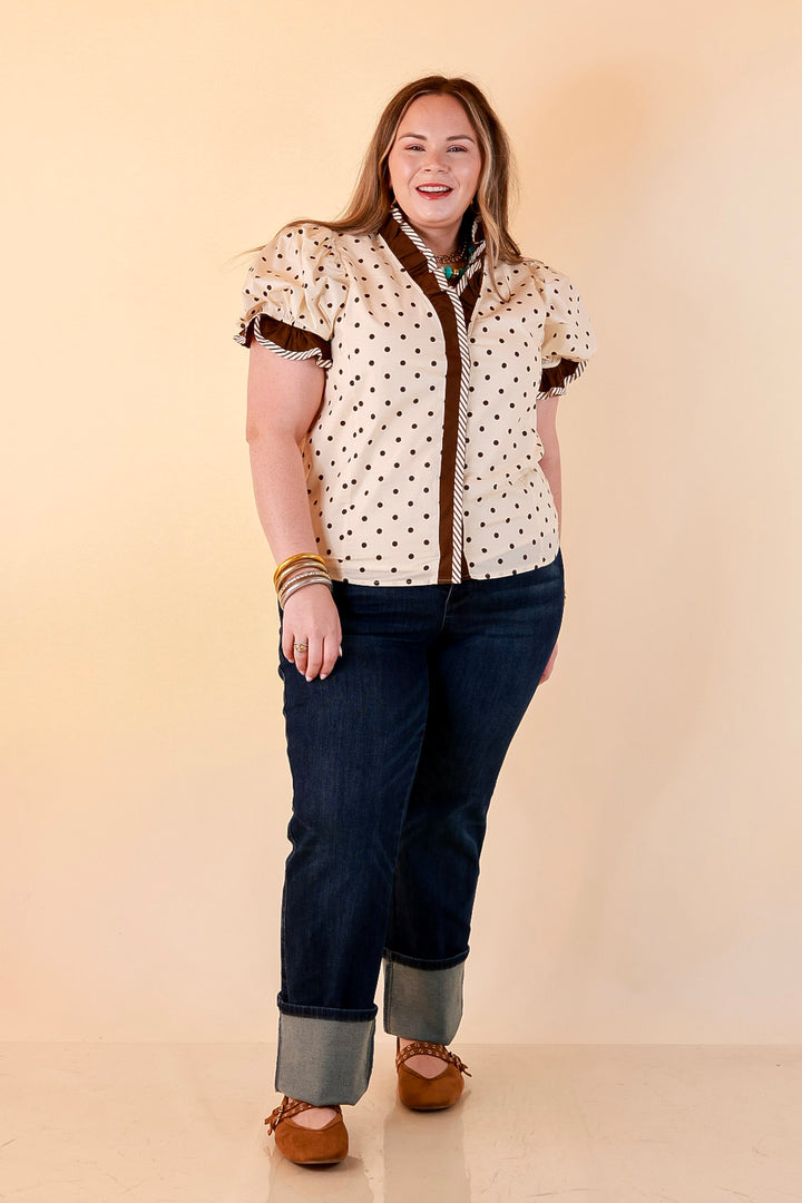 Endless Elegance Ruffled V Neck Polka Dot Print Top in Cream and Brown