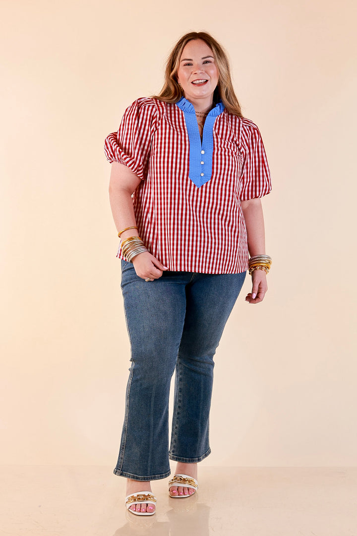 Polished &amp; Playful Short Puff Sleeve Gingham Top with Contrast Blue Trim in Red and White