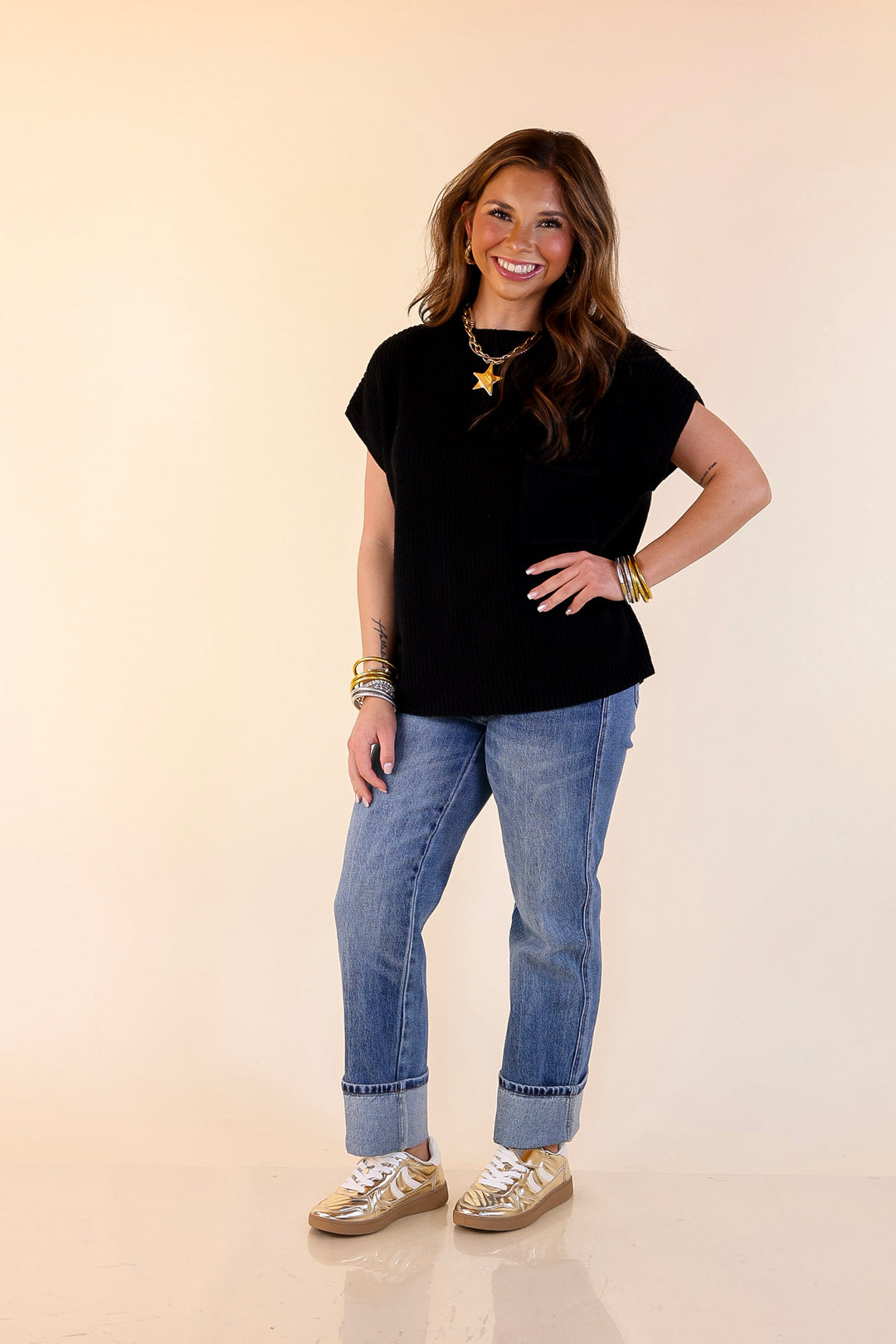 Repeat Ready Cap Sleeve Sweater with Front Pocket in Black