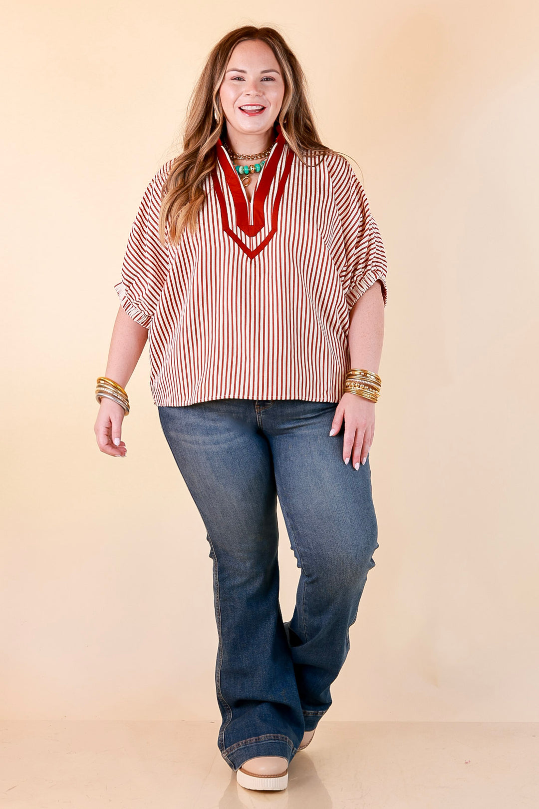Naturally Stylish Stripe Top with Contrast Stripe Trim and Short Dolman Sleeves in Brick Red