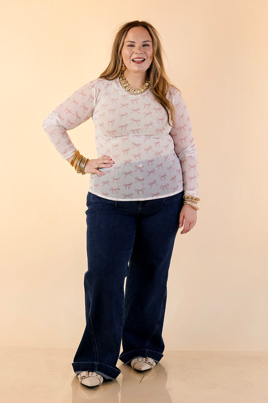 The Perfect Layer Coquette Pink Bow Print Mesh Long Sleeve Top in Ivory