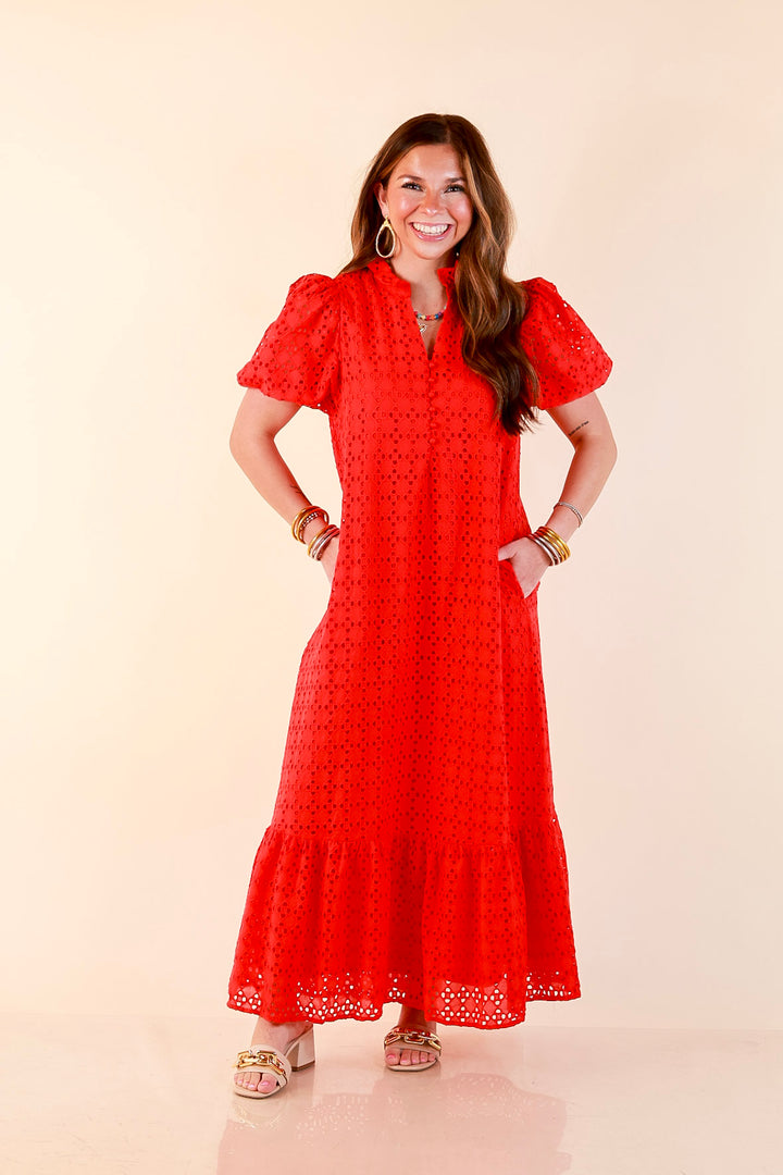 Meet Me at Sunset Eyelet Lace Puff Sleeve Tiered Maxi Dress in Red