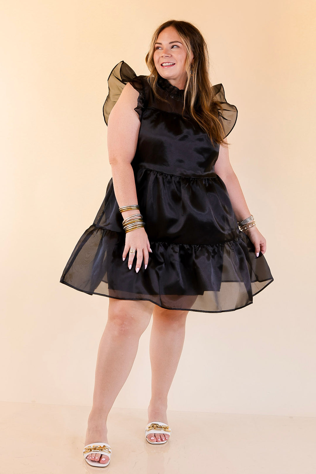 Mud Pie | Jane High Neck Sheer Tulle Ruffle Tiered Dress in Black