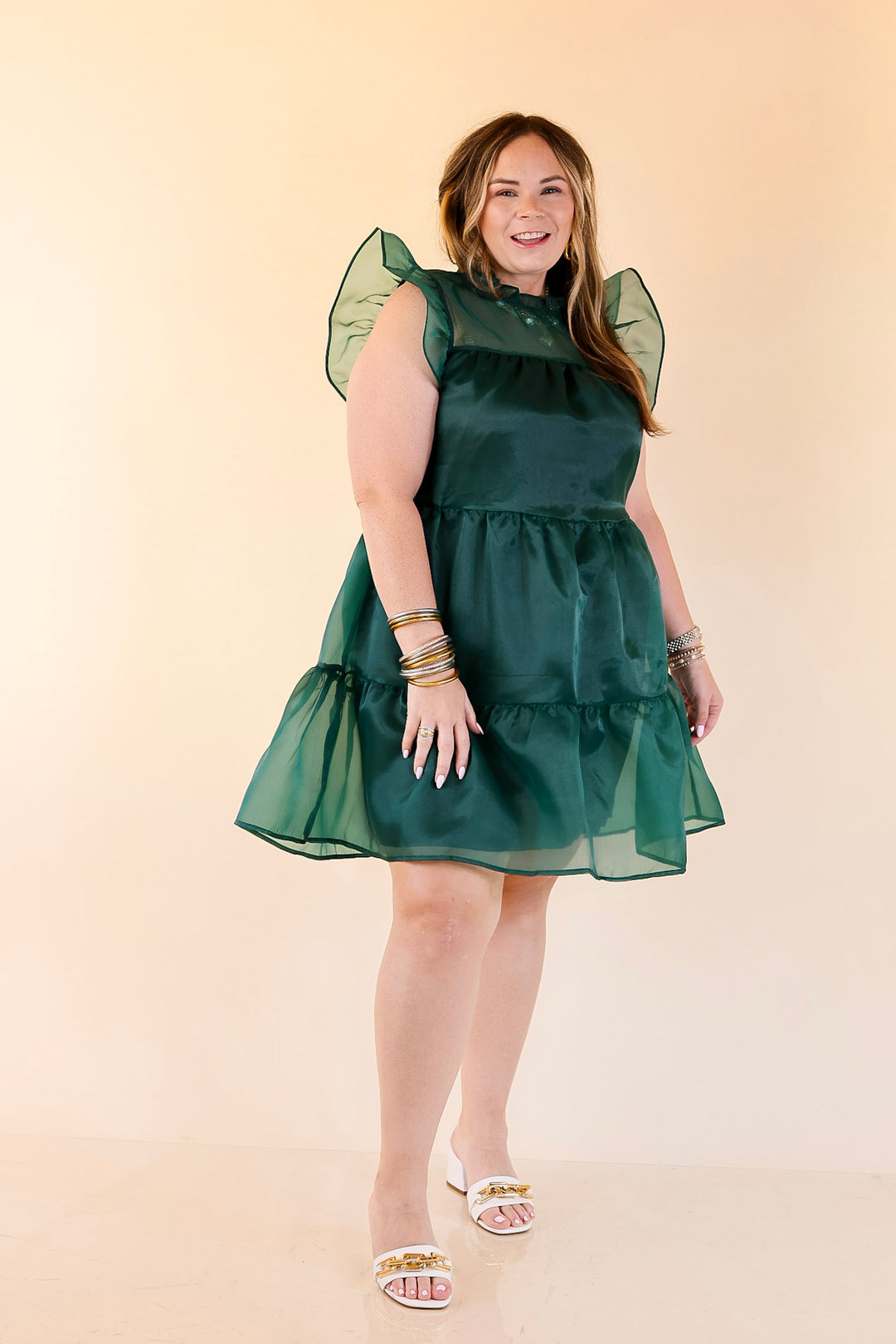 Mud Pie | Jane High Neck Sheer Tulle Ruffle Tiered Dress in Forest Green