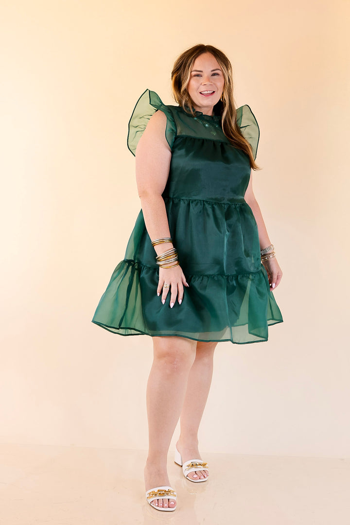 Mud Pie | Jane High Neck Sheer Tulle Ruffle Tiered Dress in Forest Green