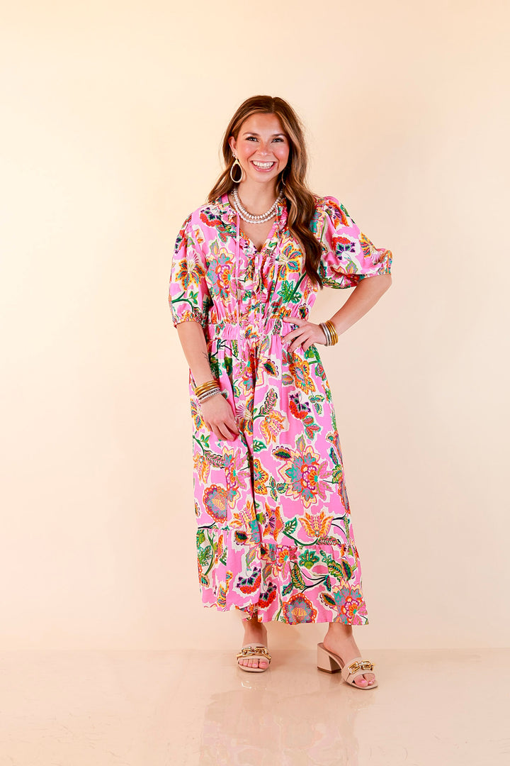 Color Me Happy Floral Print Midi Dress with Tie Neckline and Puff Sleeves in Pink