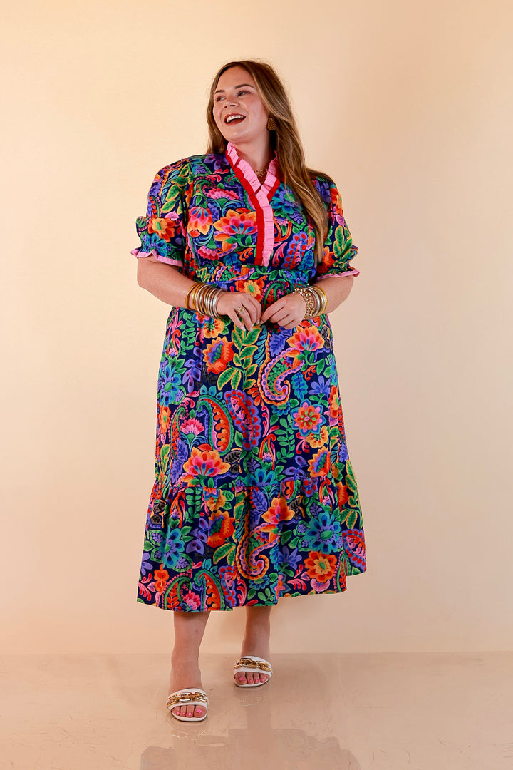 Gracefully Yours Floral and Paisley Print Midi Dress with Contrast Ruffle Trim in Navy Blue