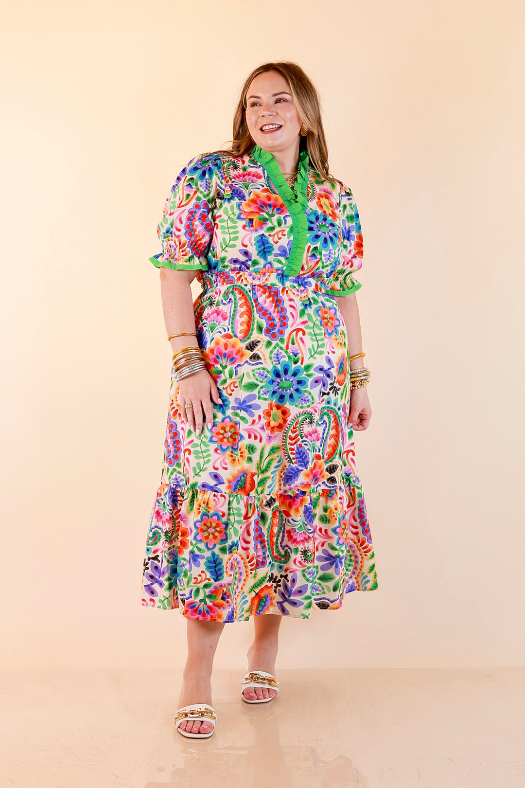 Gracefully Yours Floral and Paisley Print Midi Dress with Contrast Ruffle Trim in Ivory