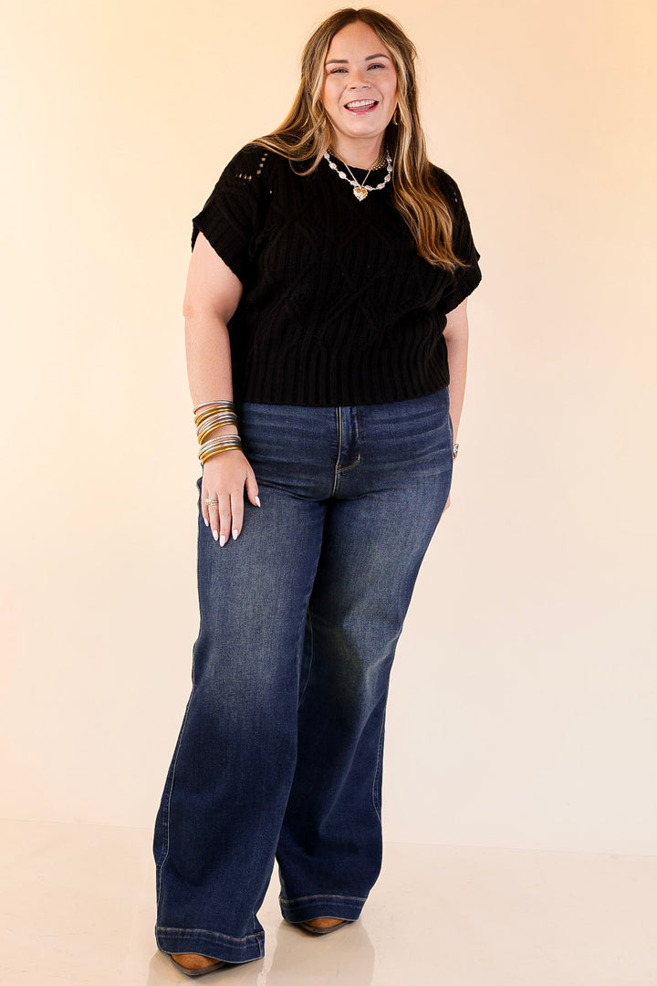 Knit to Last Cable Knit Short Sleeve Sweater Top in Black