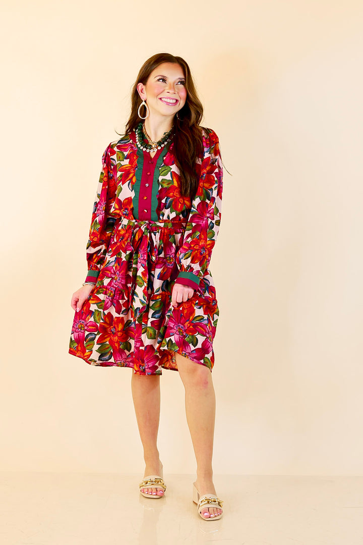 Color Me Confident Floral Print Button Front Contrast Trim Dress in Ivory, Plum and Emerald Green