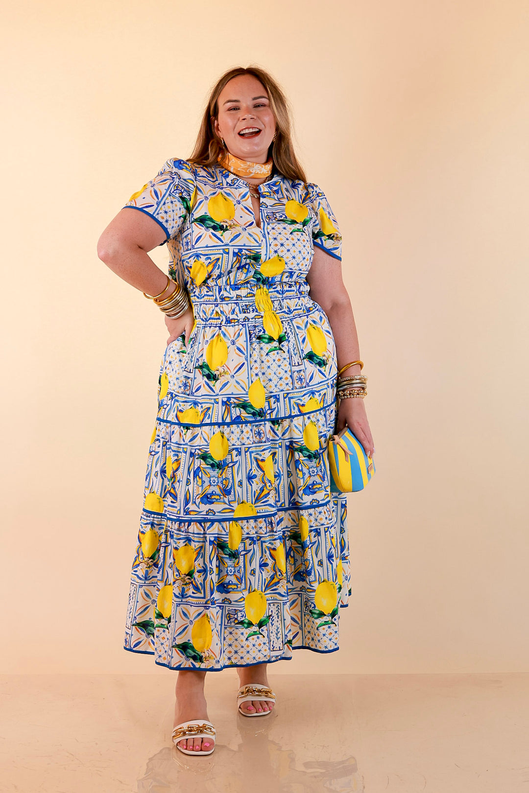 Villa Views Lemon and Tile Abstract Print Tiered Midi Dress in Blue and Yellow