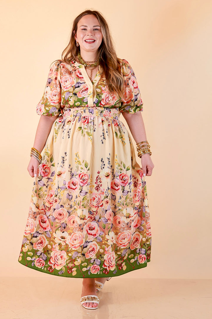 Brunch with the Girls Puff Sleeve Smocked Waist Floral Print Tiered Midi Dress in Ivory and Olive Green Multi