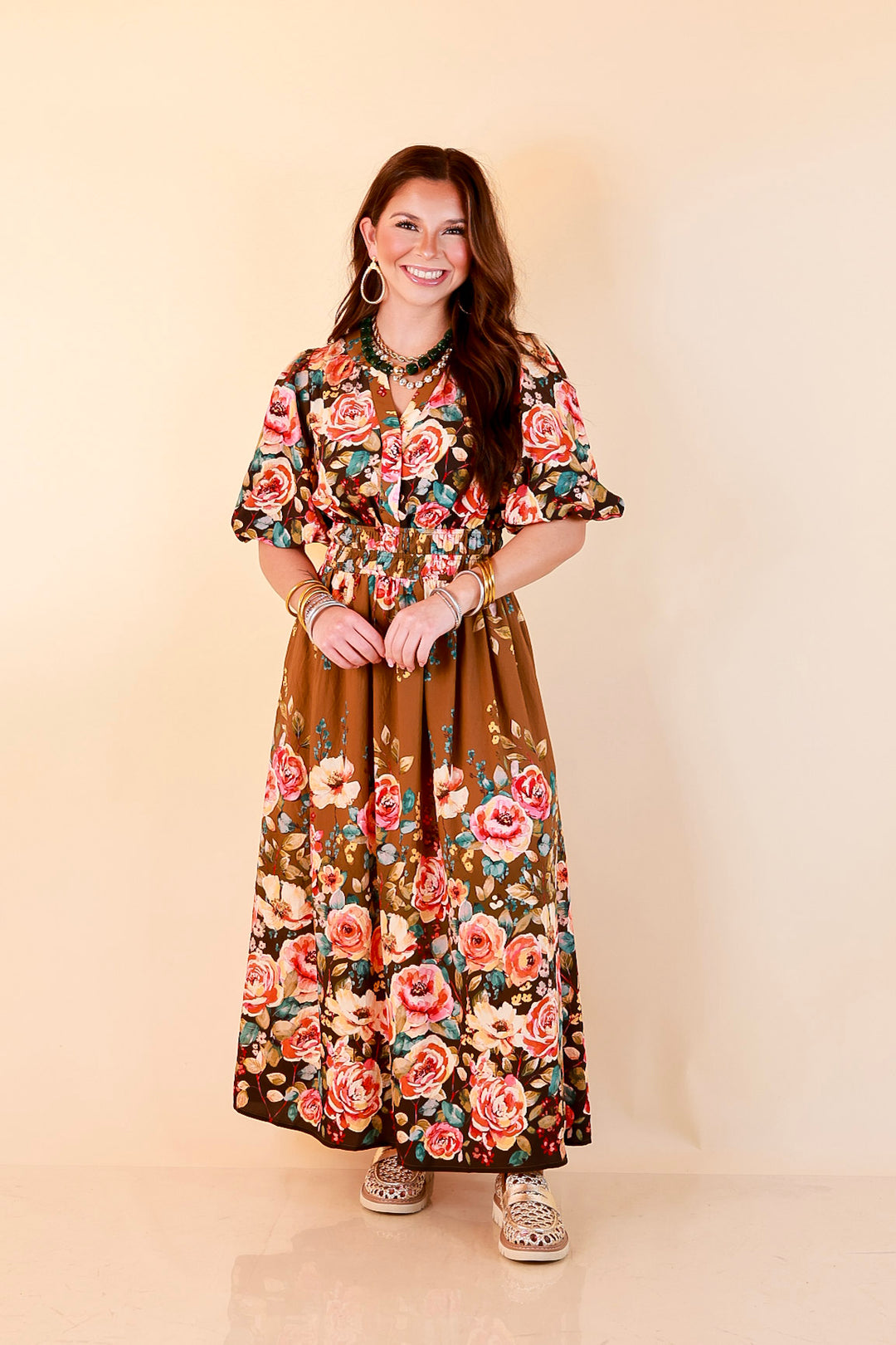 Brunch with the Girls Puff Sleeve Smocked Waist Floral Print Tiered Midi Dress in Chocolate Brown Multi