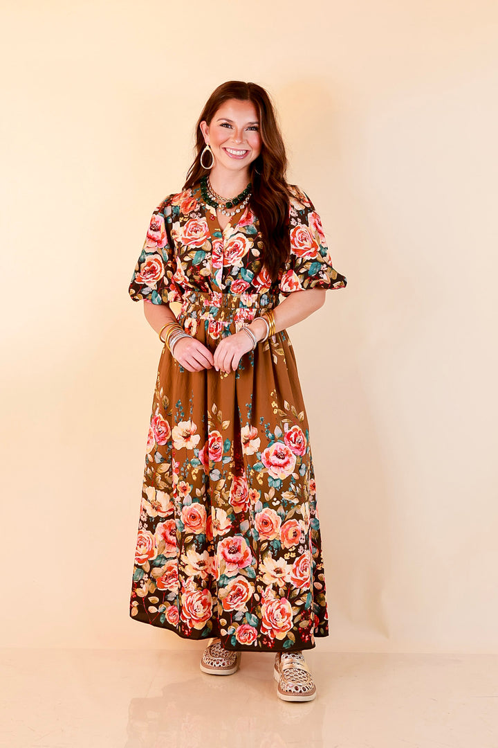 Brunch with the Girls Puff Sleeve Smocked Waist Floral Print Tiered Midi Dress in Chocolate Brown Multi