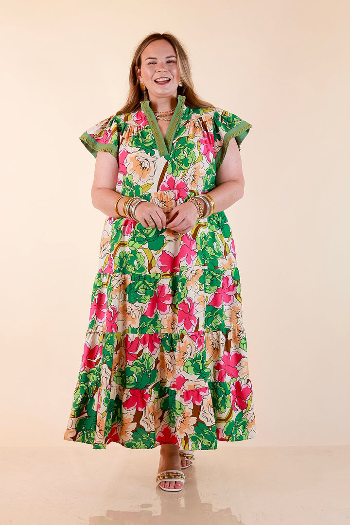 Spring Symphony Floral Print Tiered Midi Dress with Flutter Sleeves in Pink and Green
