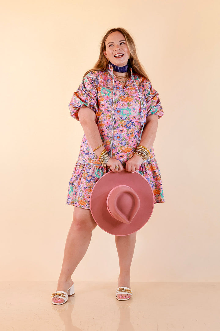 Darling Detail Floral Print Drop Waist Mini Dress with Contrast Trim in Pink Multi