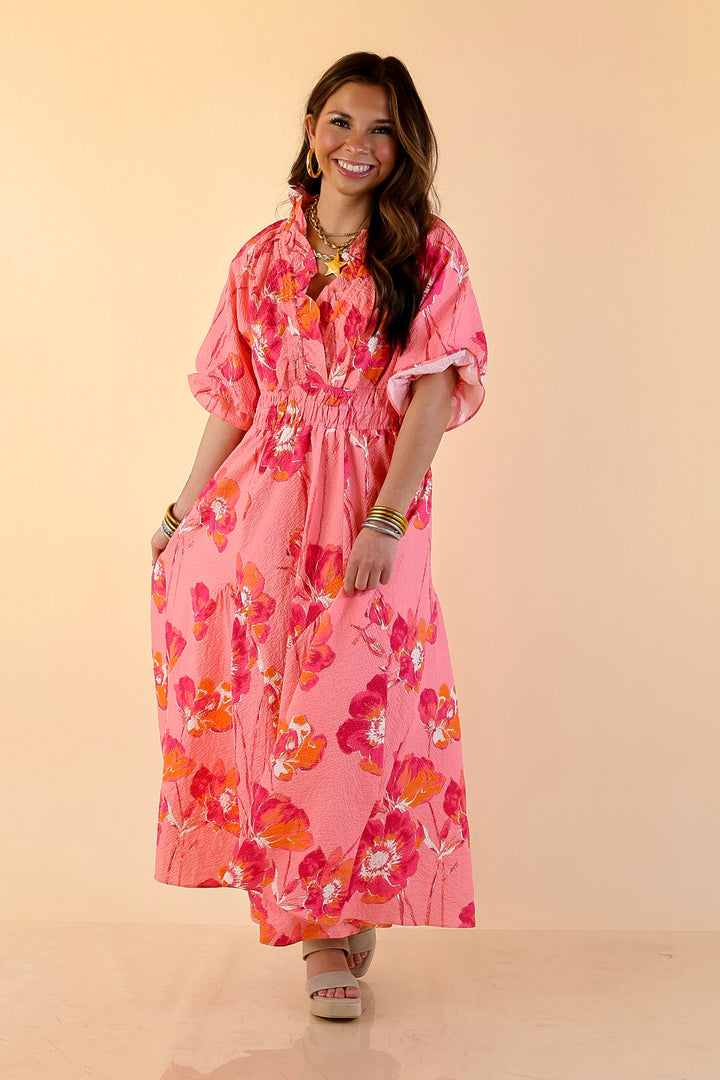 Breezy Belle Floral Print Textured Puff Sleeve Midi Dress with Smocked Waist in Pink Mix