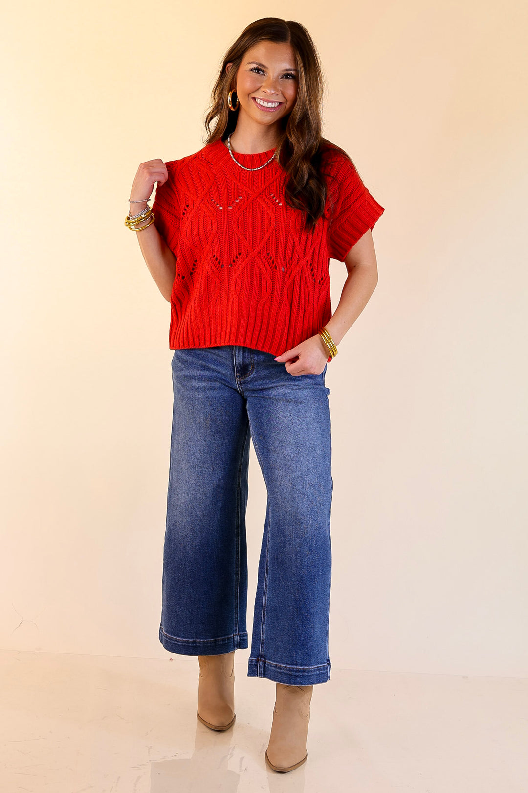 Knit to Last Cable Knit Short Sleeve Sweater Top in Red