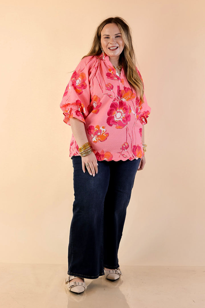 Petal Perfect Floral Print Textured Puff Sleeve Top with Ruffle Split Neckline in Pink Mix