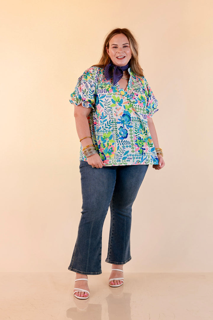 Living in Color Watercolor Floral Print Textured Top with Puff Sleeves in Ivory