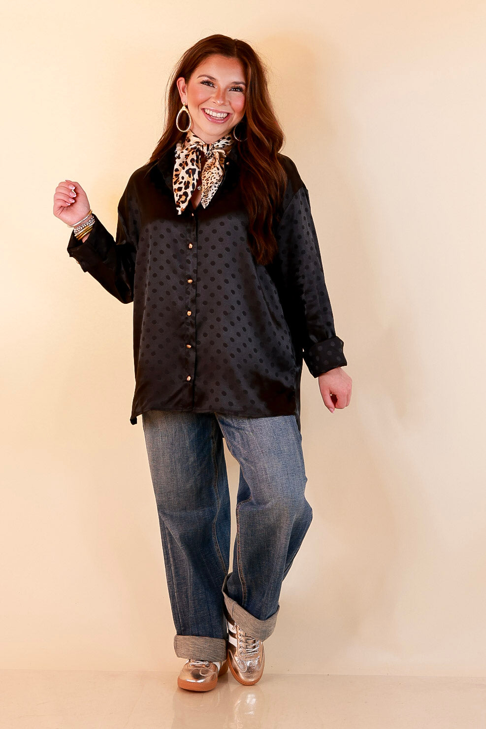 Polished Point of View Satin Collared Polka Dot Button Down Blouse with Gold Buttons in Black