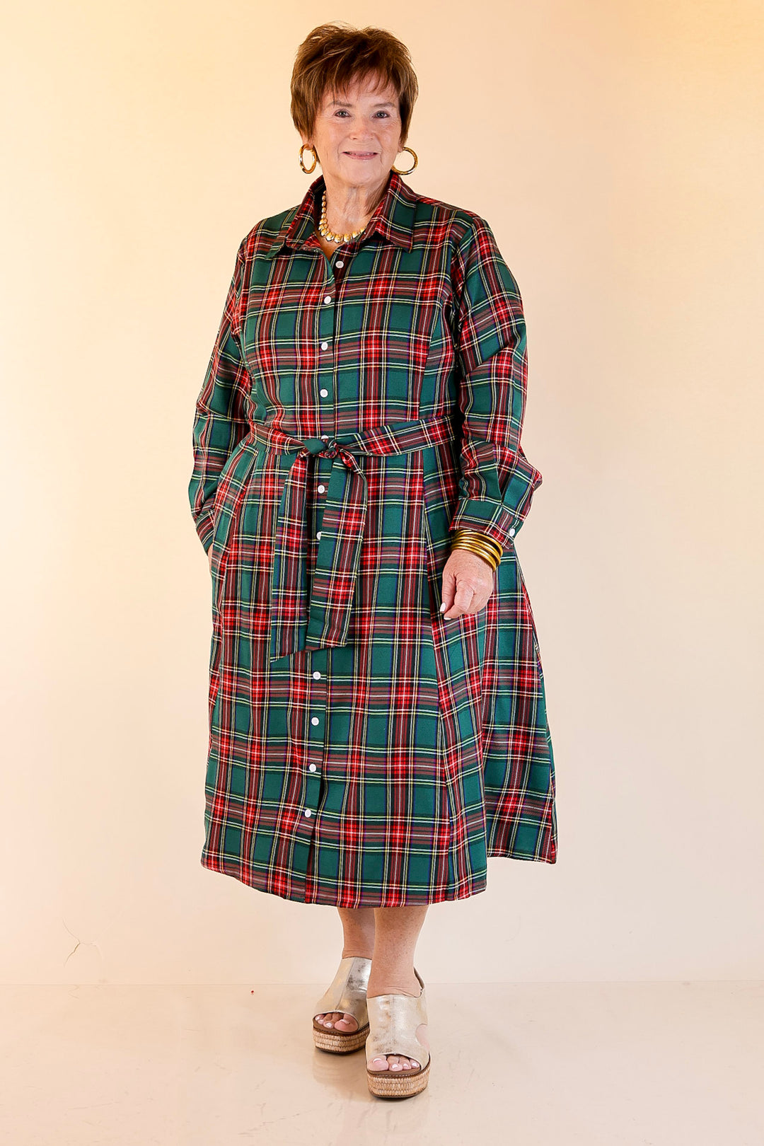 Polished Presence Long Sleeve Plaid Button Up Collared Midi Dress in Green