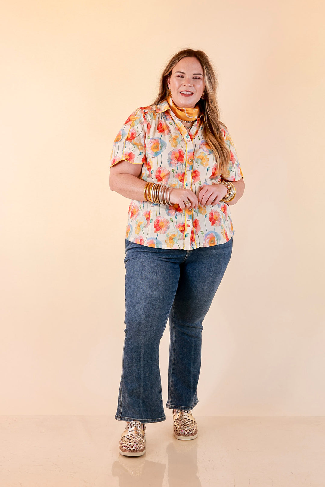 Petals and Plans Poppy Floral Print Button Up Collar Blouse in Cream