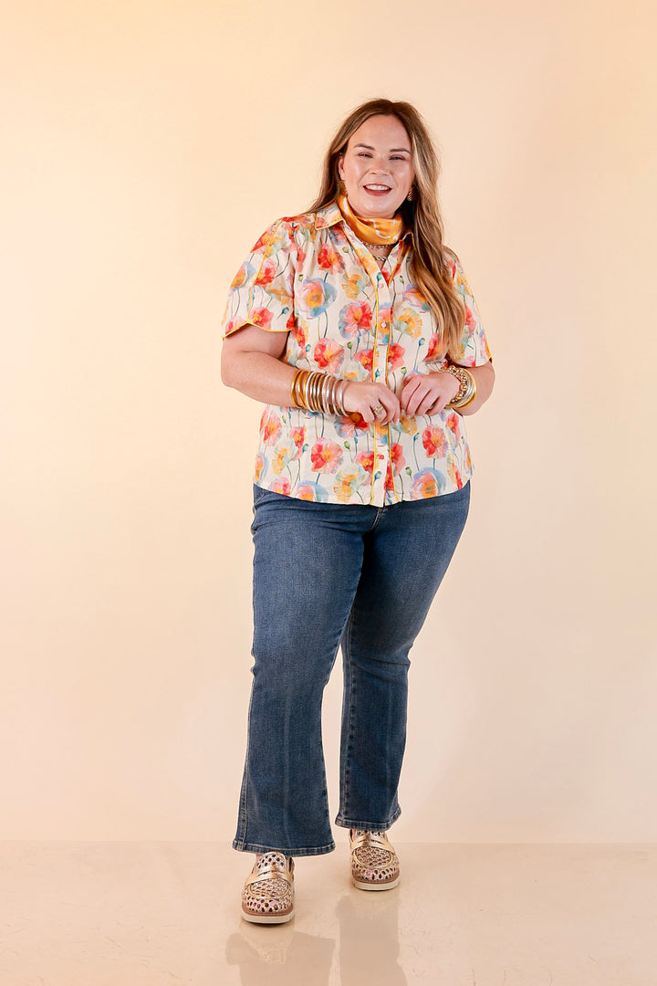 Petals and Plans Poppy Floral Print Button Up Collar Blouse in Cream
