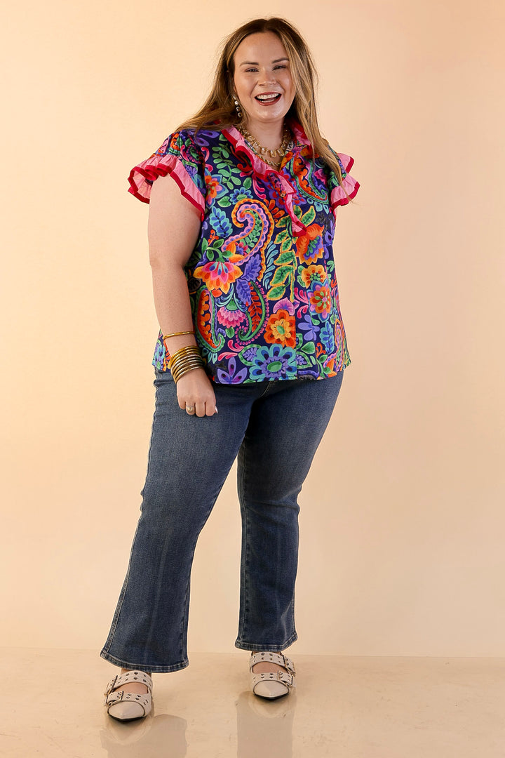 Flourish and Flow Paisley Floral Print Ruffle Flutter Sleeve Top with Split Neckline in Navy Blue