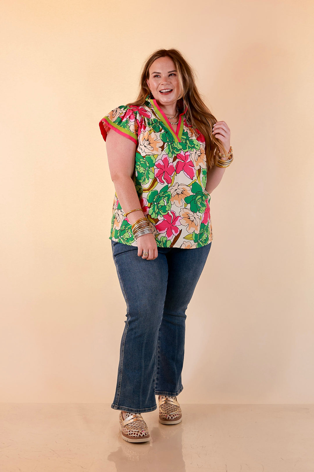 Spring Symphony Floral Print Flutter Sleeve Top with Contrast Trim Split Neckline in Pink and Green