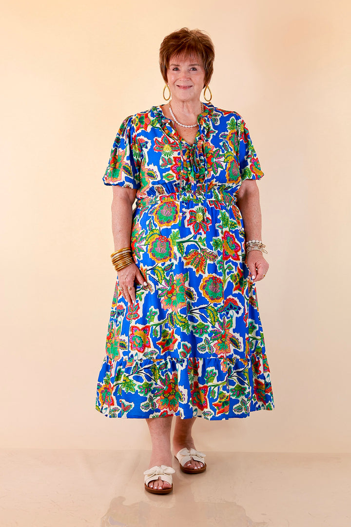 Color Me Happy Floral Print Midi Dress with Tie Neckline and Puff Sleeves in Royal Blue
