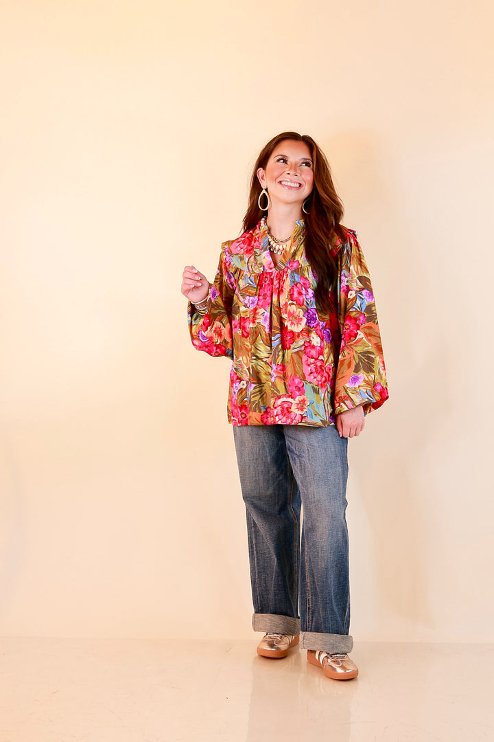 Garden Social Long Sleeve Ruffle Shoulder V-Neck Flowy Floral Print Blouse in Olive Green Multi