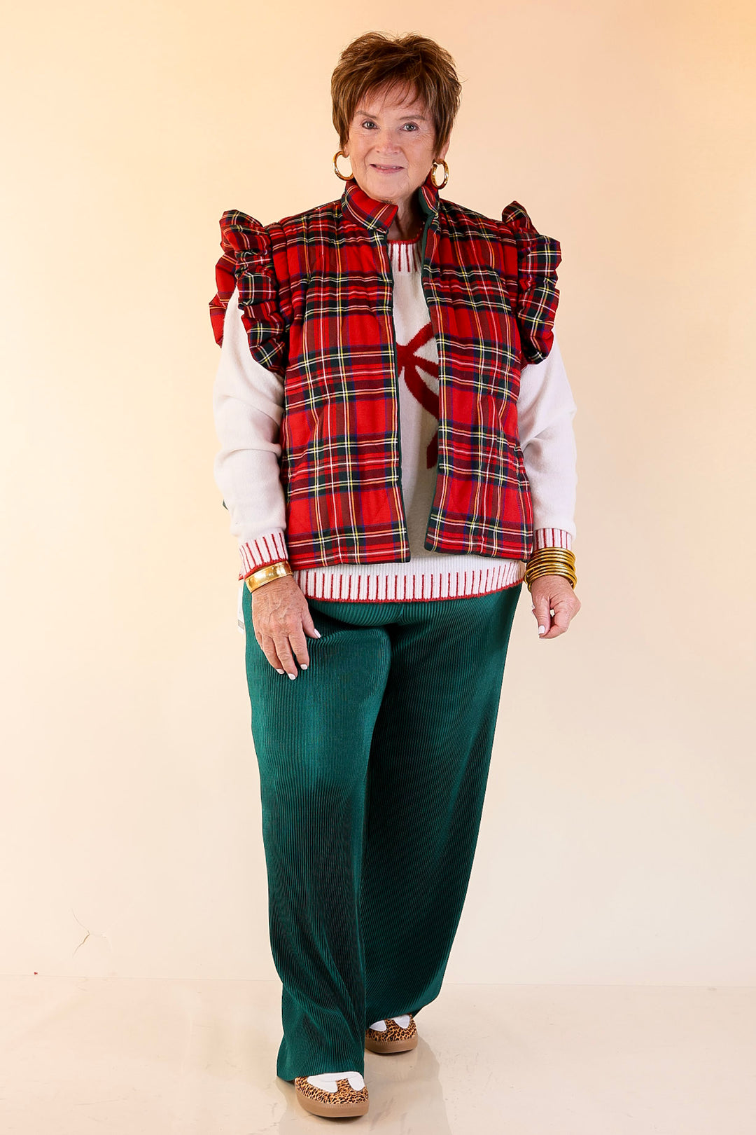 Mud Pie | Jefferies Quilted Plaid Reversible Vest with Ruffle Cap Sleeves and Bow Side Closure in Red