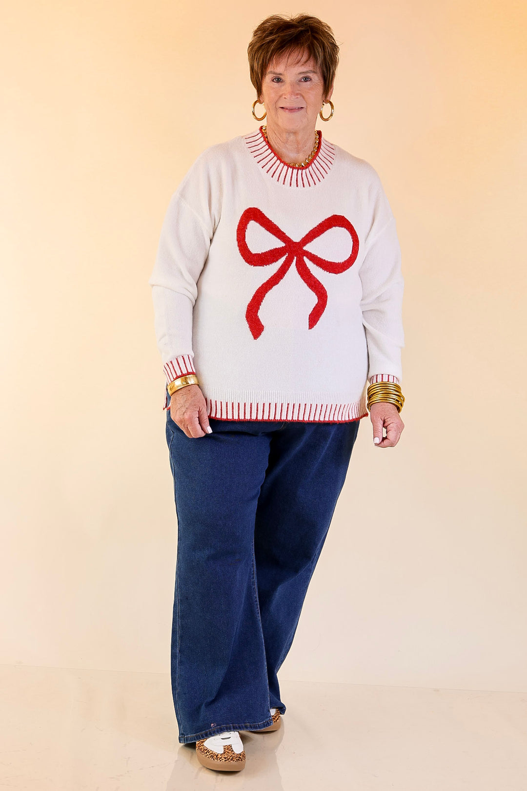 Mud Pie | Wilder Red Bow Mock Neck Sweater in Ivory