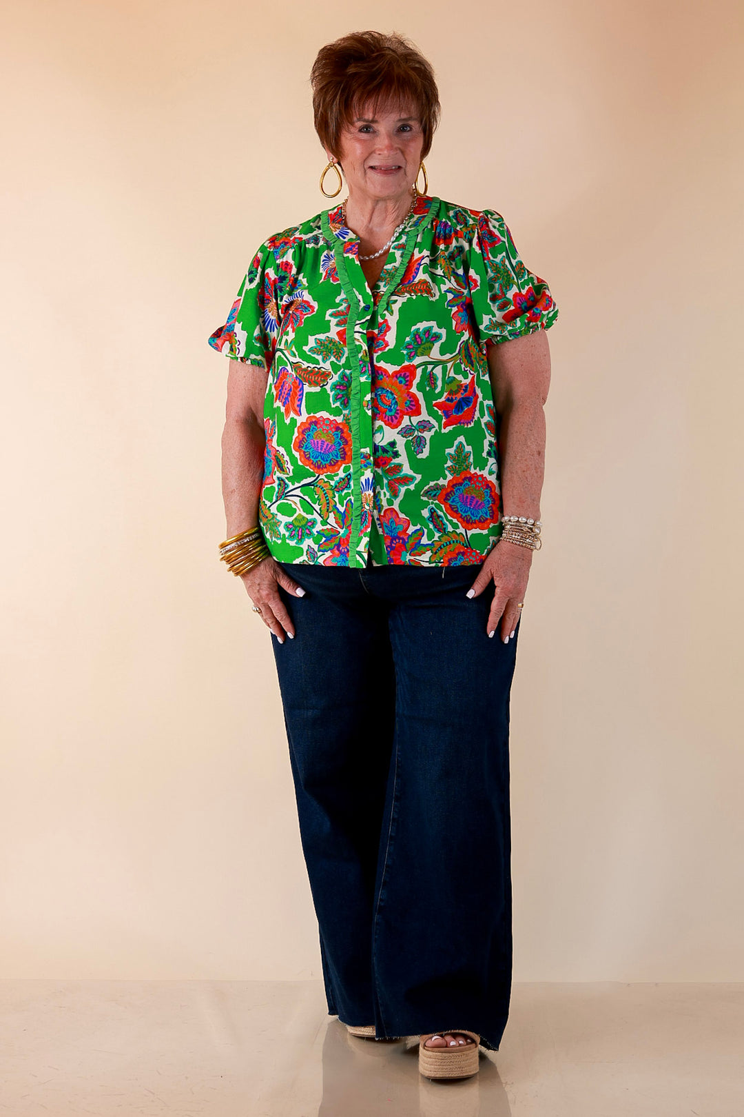 Petal Pop Floral Print Ruffle Front Button Up Top with Puff Sleeves in Green