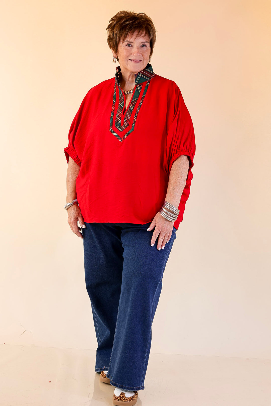 Naturally Stylish Poncho Top with Green Plaid Trim in Red