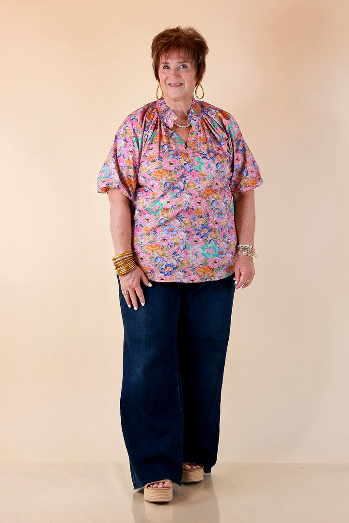 Blooming Beauty Floral Print V Neck Top with Smocked Neckline and Puff Sleeves in Pink Multi Color