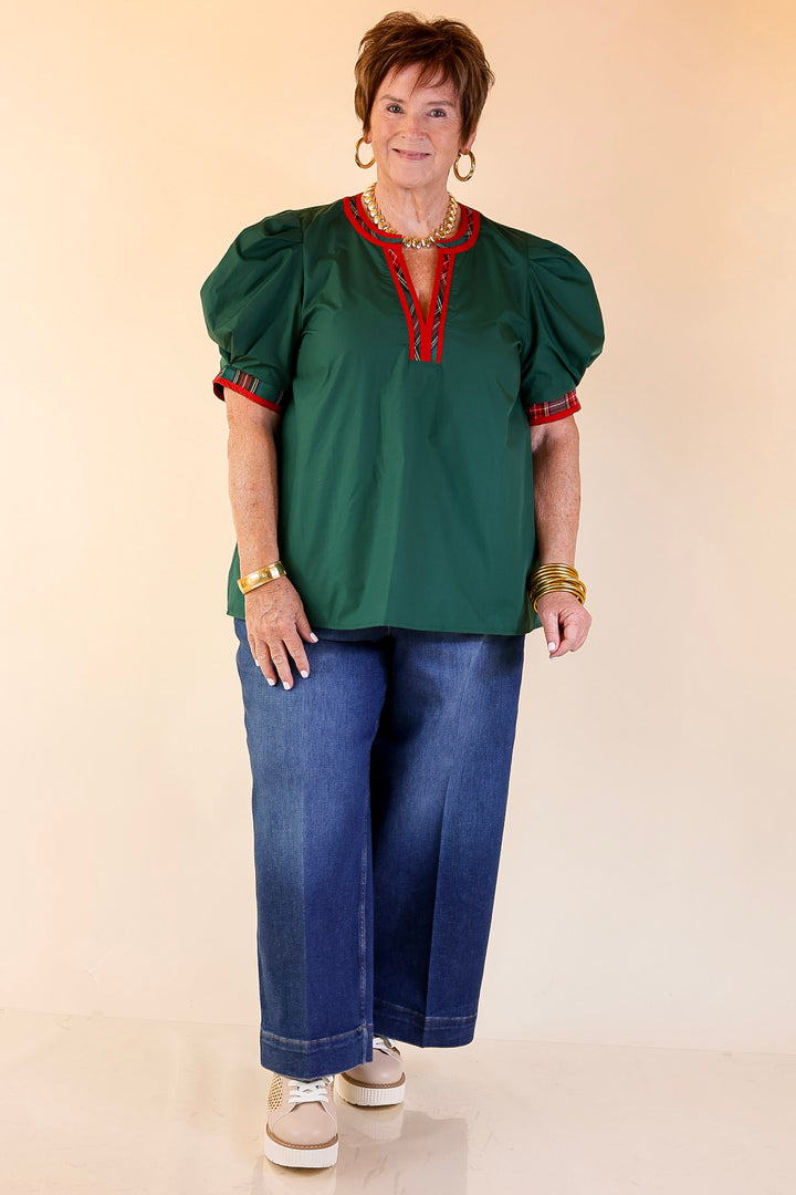 Commanding Style V Neck Top with Short Balloon Sleeves and Plaid Trim in Hunter Green