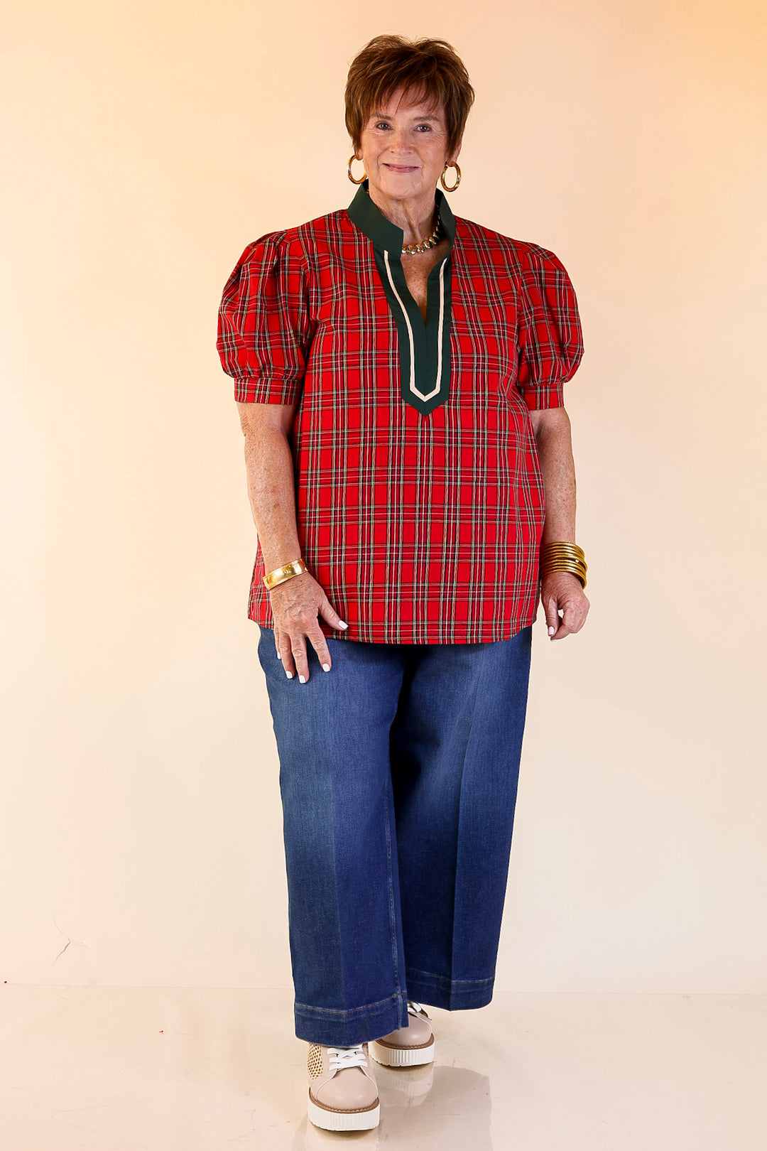 Chic Statement V Neck Plaid Top with Short Balloon Sleeves and Green Trim in Red