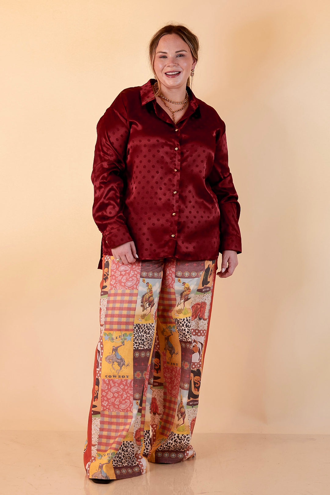 Polished Point of View Satin Collared Polka Dot Button Down Blouse with Gold Buttons in Maroon