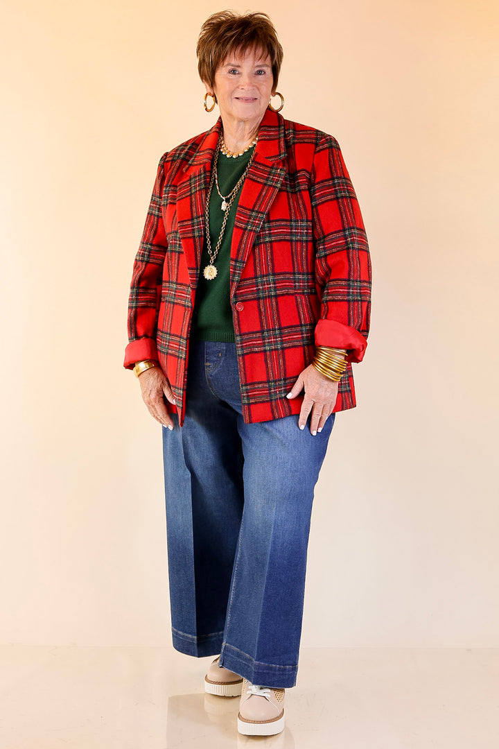 Season to Shine Long Sleeve Tartan Plaid Blazer in Red