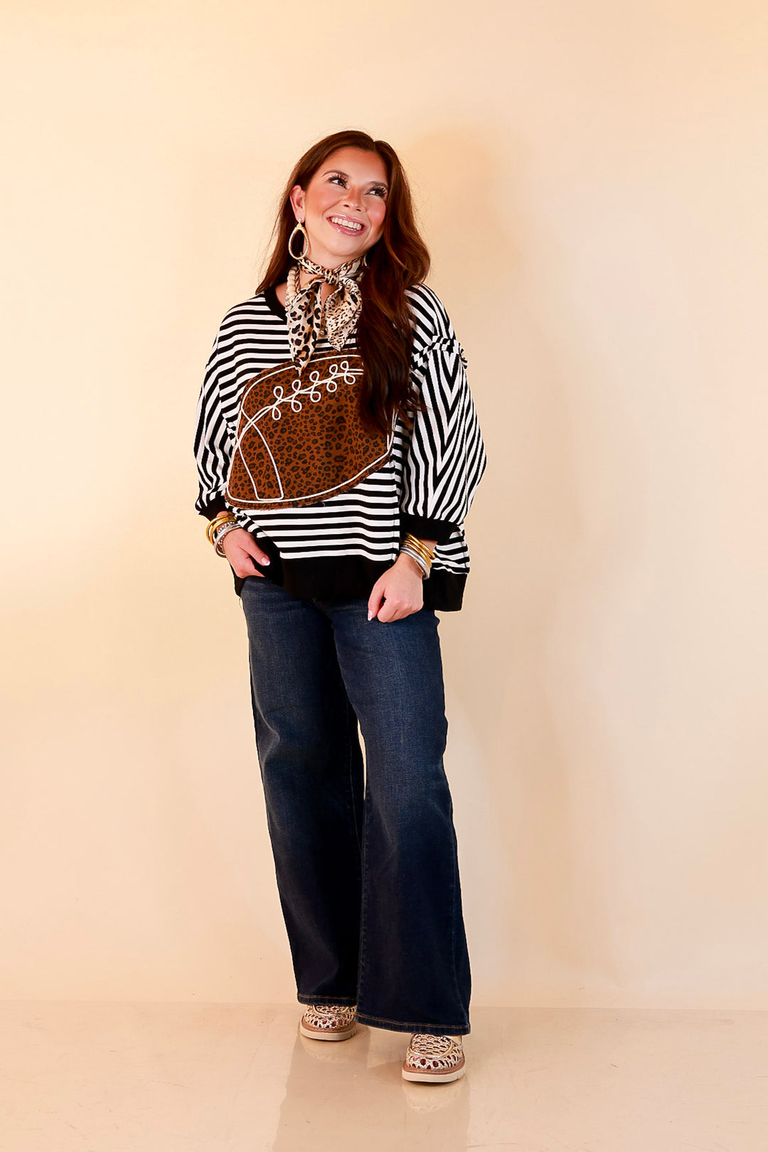 Put Me In, Coach Leopard Football Appliqué Oversized Graphic Striped Top in Black and Ivory